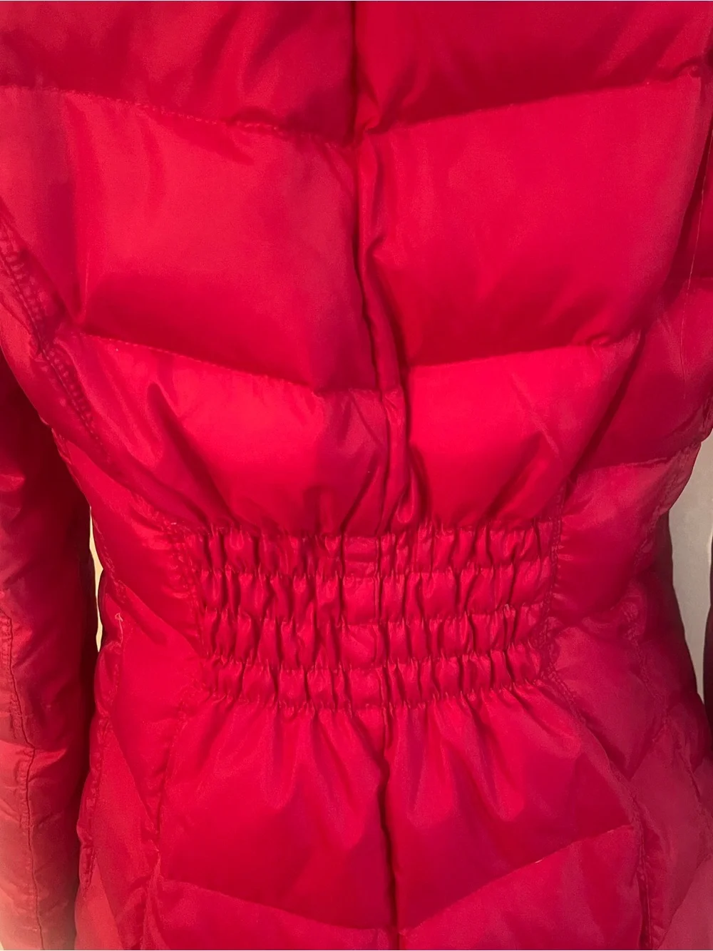 Michael Kors Red Long Quilted Puffer Coat with Faux Fur Hood